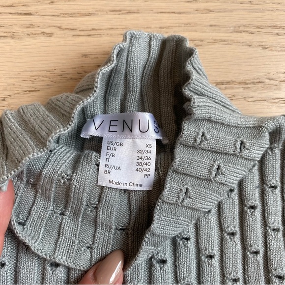 VENUS Short Sleeved Sweater, Ribbed Mock-Neck, Stretch, Eyelets, Muted Green, XS - Picture 8 of 8